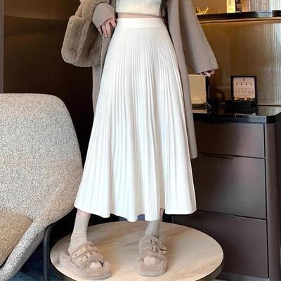 白色针织半身裙女秋冬季小个子高腰a字百褶裙垂感软糯中长款裙子