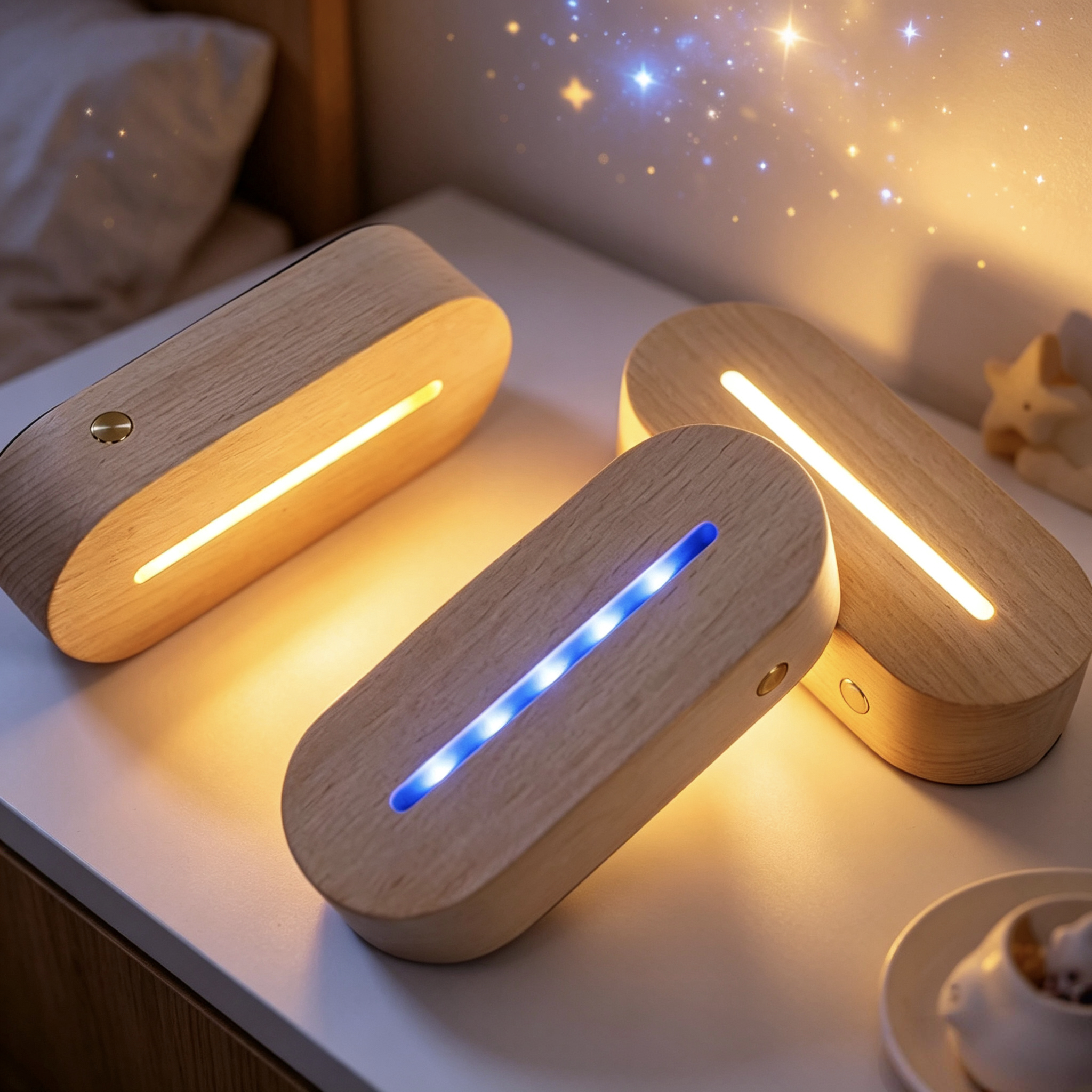 椭圆USB实木发光底座LED夜灯摆件图片