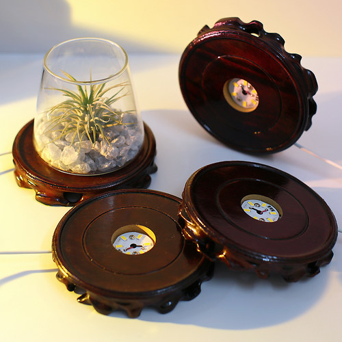 红木根雕宝盆水晶石实木发光底座