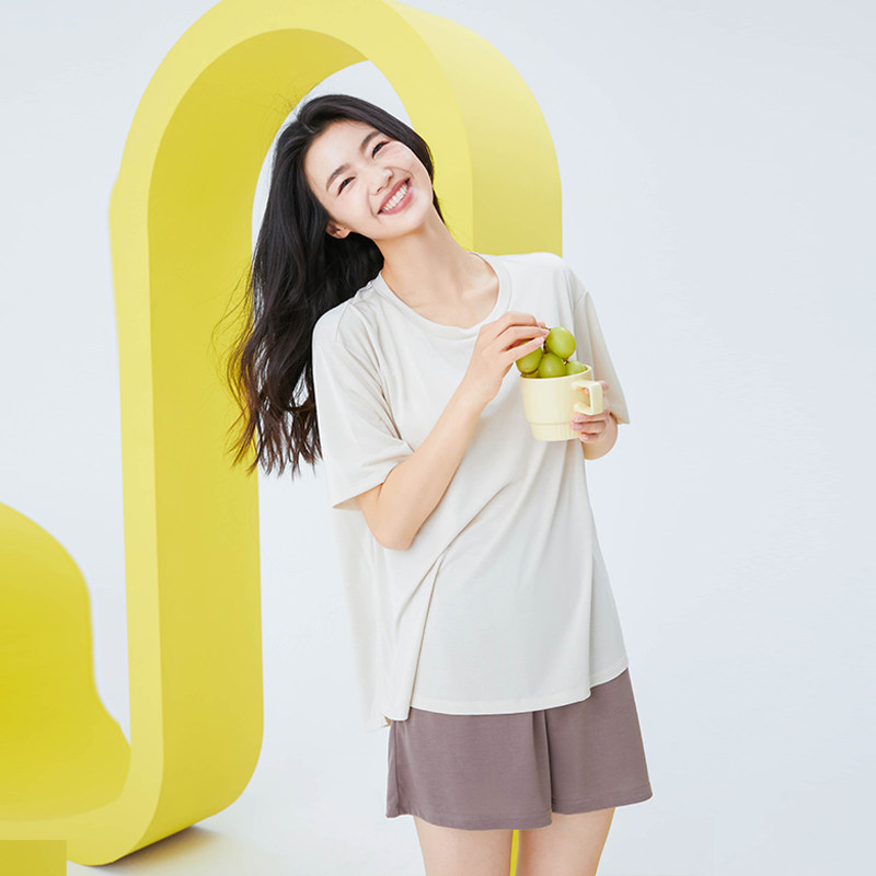 内茵睡衣女春夏季防凸点凉感带胸垫短袖短裤可外穿显瘦凉感家居服