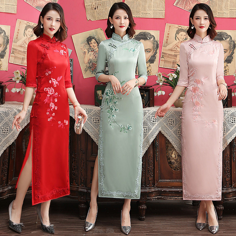 长款重磅丝绸绣花旗袍改良中袖低开叉大码老上海日常回娘家敬酒服