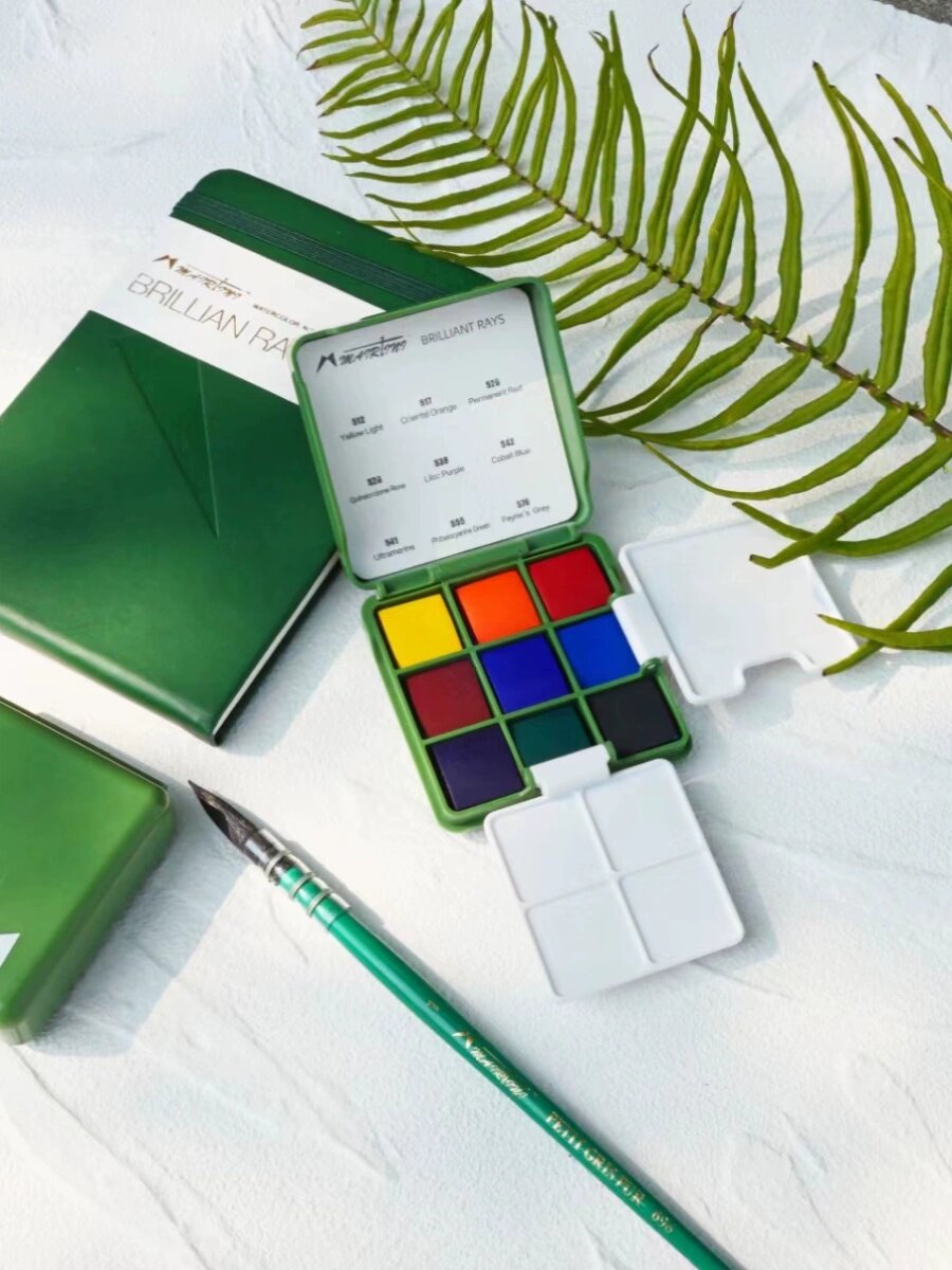 마티니 작은 녹색 상자 미니 여행 수채화 물감 세트 휴대용 상자 휴대용 투명 고체 수채화 물감 9 색 세트 분할 페인트 상자 손 계정 여행 스케치 그림 도구 세트