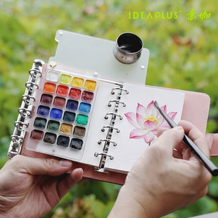 意伽A7活页水彩本迷你水彩手帐本仿牛皮记事本旅行TN护照本外壳大环固体水彩颜料便携套装随身画画写生调色盘