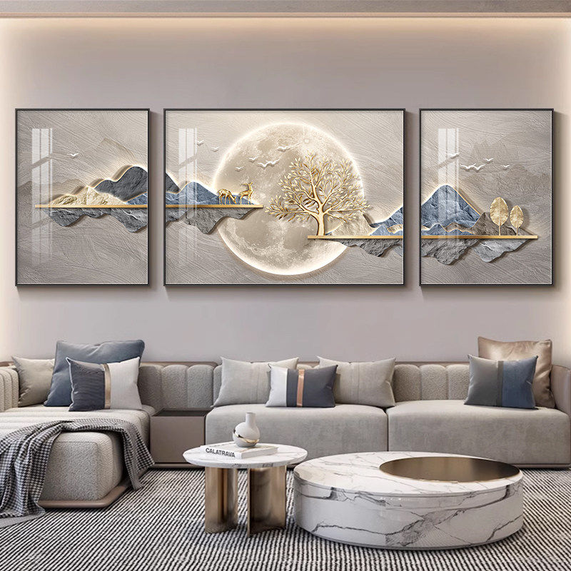 现代轻奢客厅装饰画2025新款沙发背景墙上壁画高级感三联挂画福禄