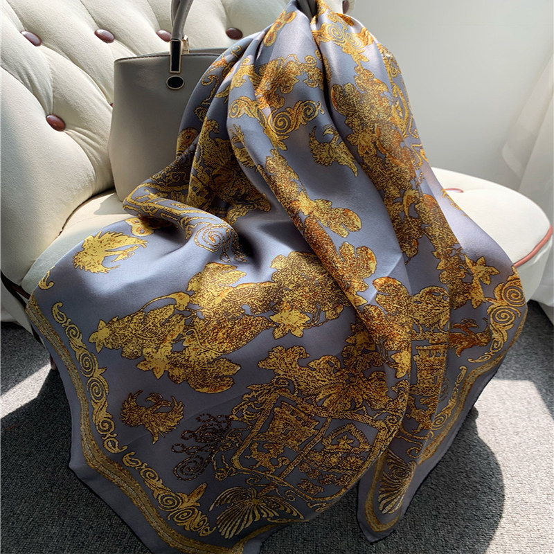 灰金凤凰真丝围巾女秋冬110缎面大方巾桑蚕丝丝巾披肩百搭高级感