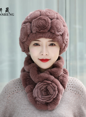 中老年皮草帽子女冬季保暖护耳獭兔毛围巾套装加厚奶奶休闲妈妈帽