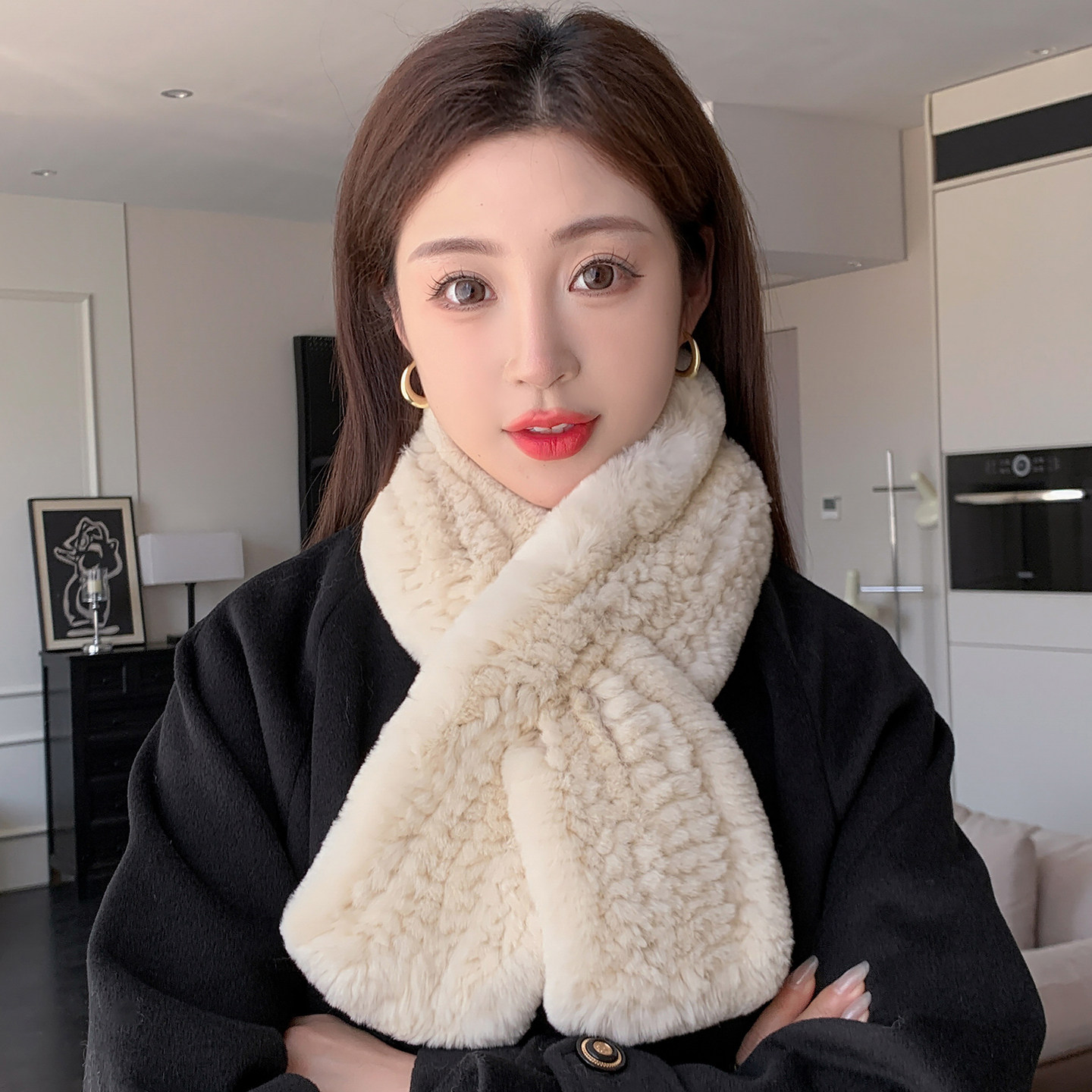 獭兔毛真毛围巾女冬季户外出游纯色百搭韩版时尚皮草围脖新款加厚