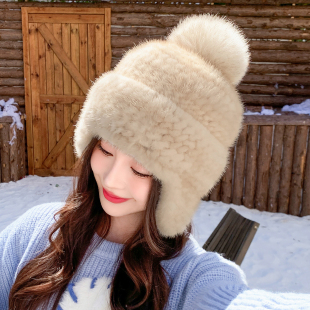 貂皮帽子女秋冬时尚保暖护耳真水貂毛皮草帽韩版加厚狐狸毛球户外