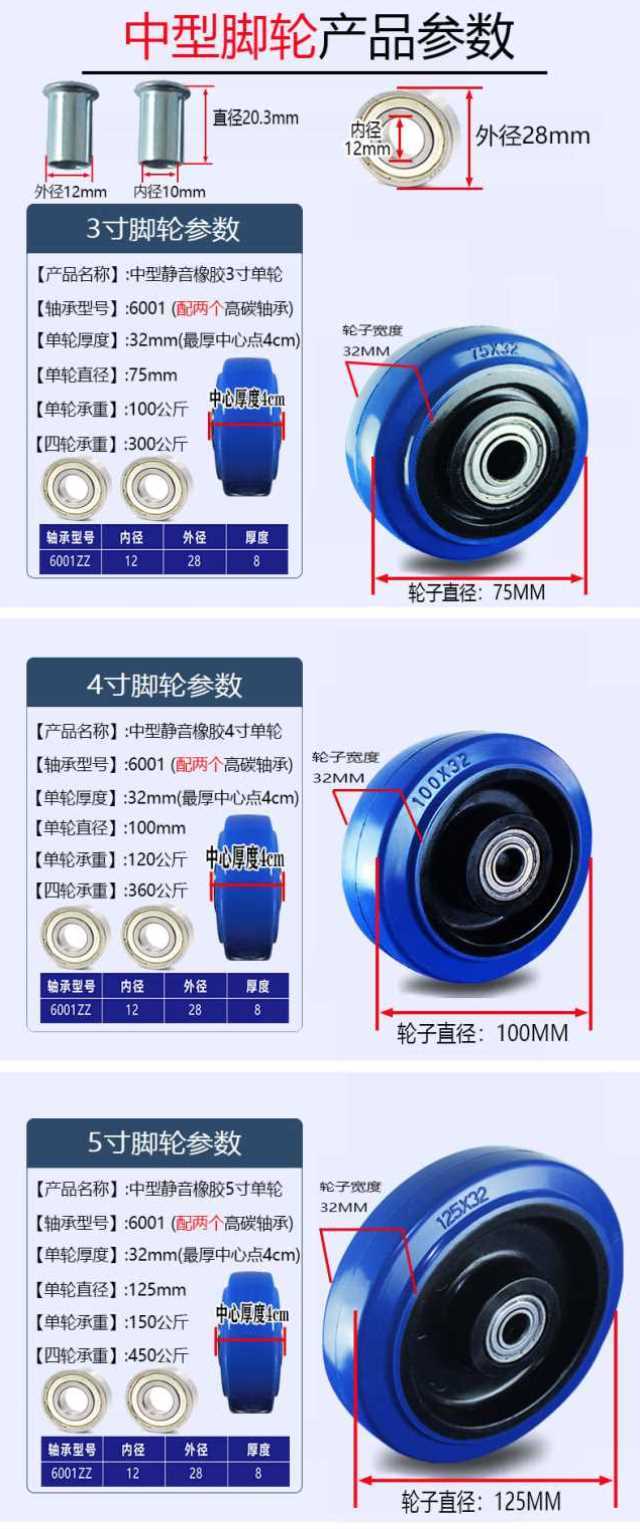 345蓝色橡胶静音脚轮单轮寸寸寸平板车小车轮子货架餐车手推车