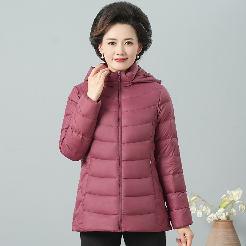 风之韵奶奶冬季保暖羽绒服女中老年轻薄款可脱卸帽妈妈白鸭绒外套