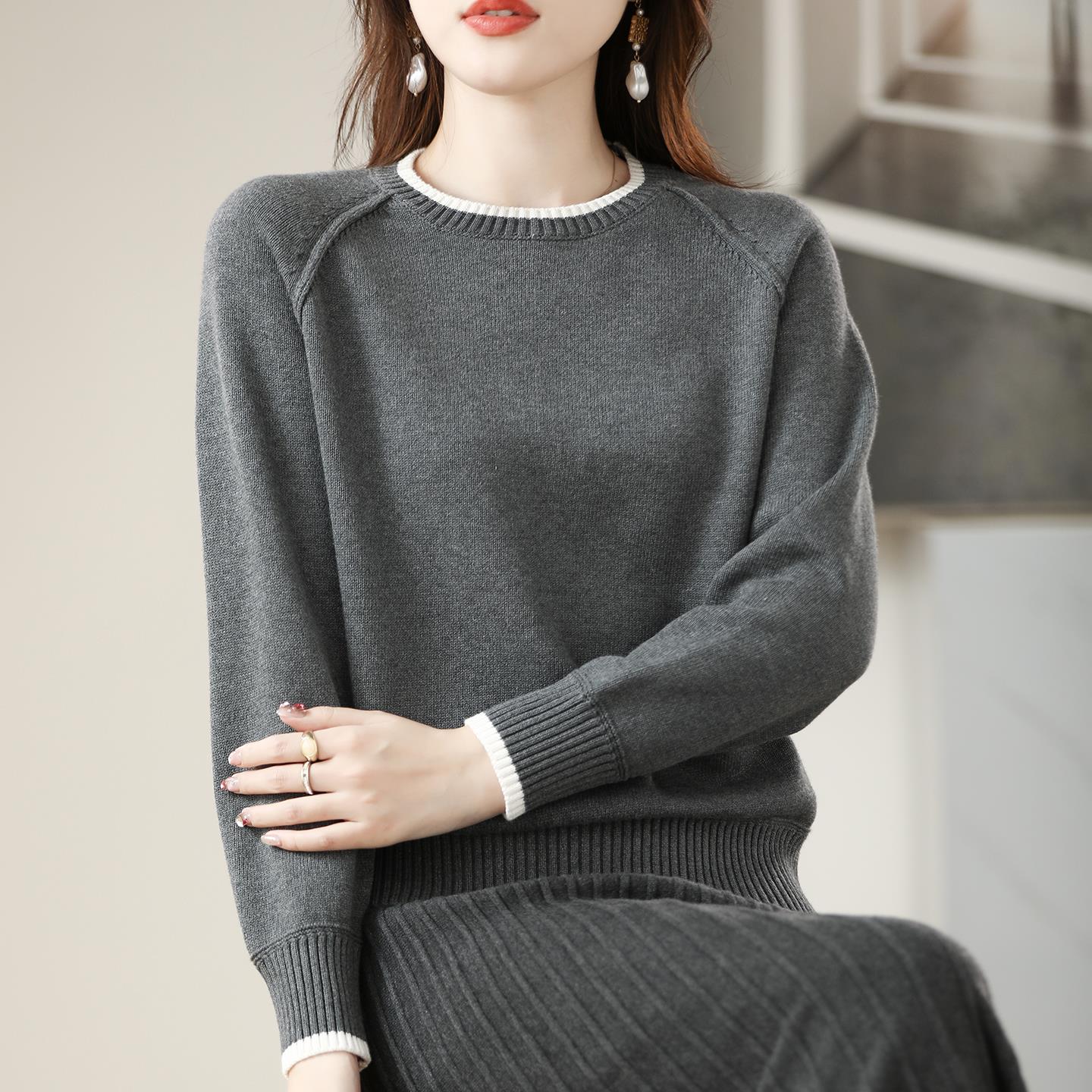 JOYIASS法式重磅加厚100纯针织衫女撞色圆领套头毛衣2025新款全打