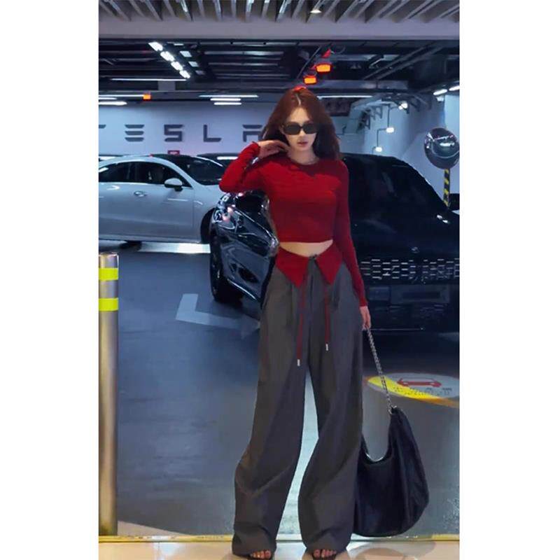 BLLOUKE御姐辣妹风早秋新款套装女高腰短款长袖t恤条纹阔腿裤两件