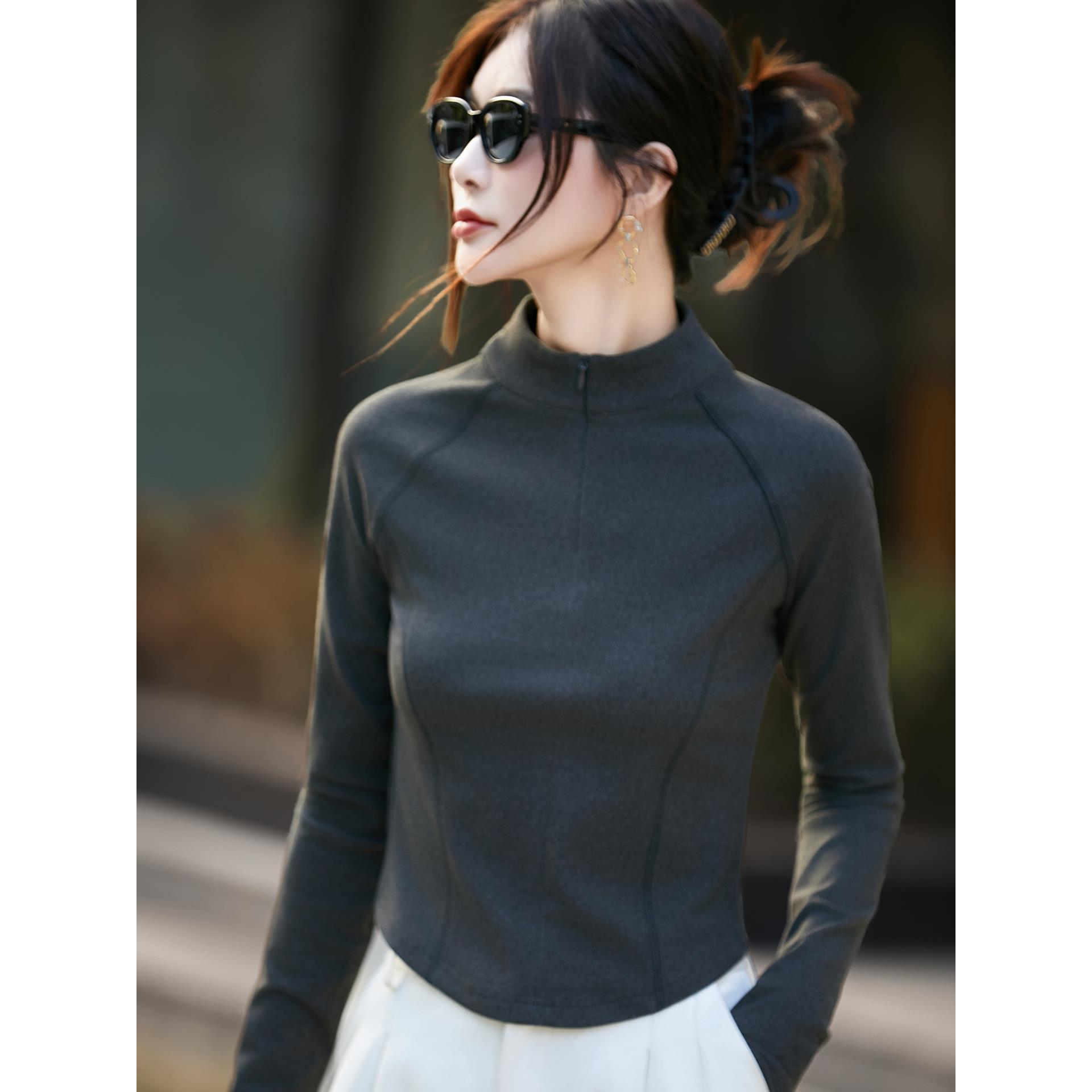 JOYIASS法式设计感拉炼磨毛打底衫上衣女2025新高腰短款时尚洋气T