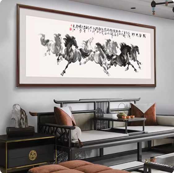马到成功客厅挂画八骏图山水画大气书房办公室背景墙画水墨画字画