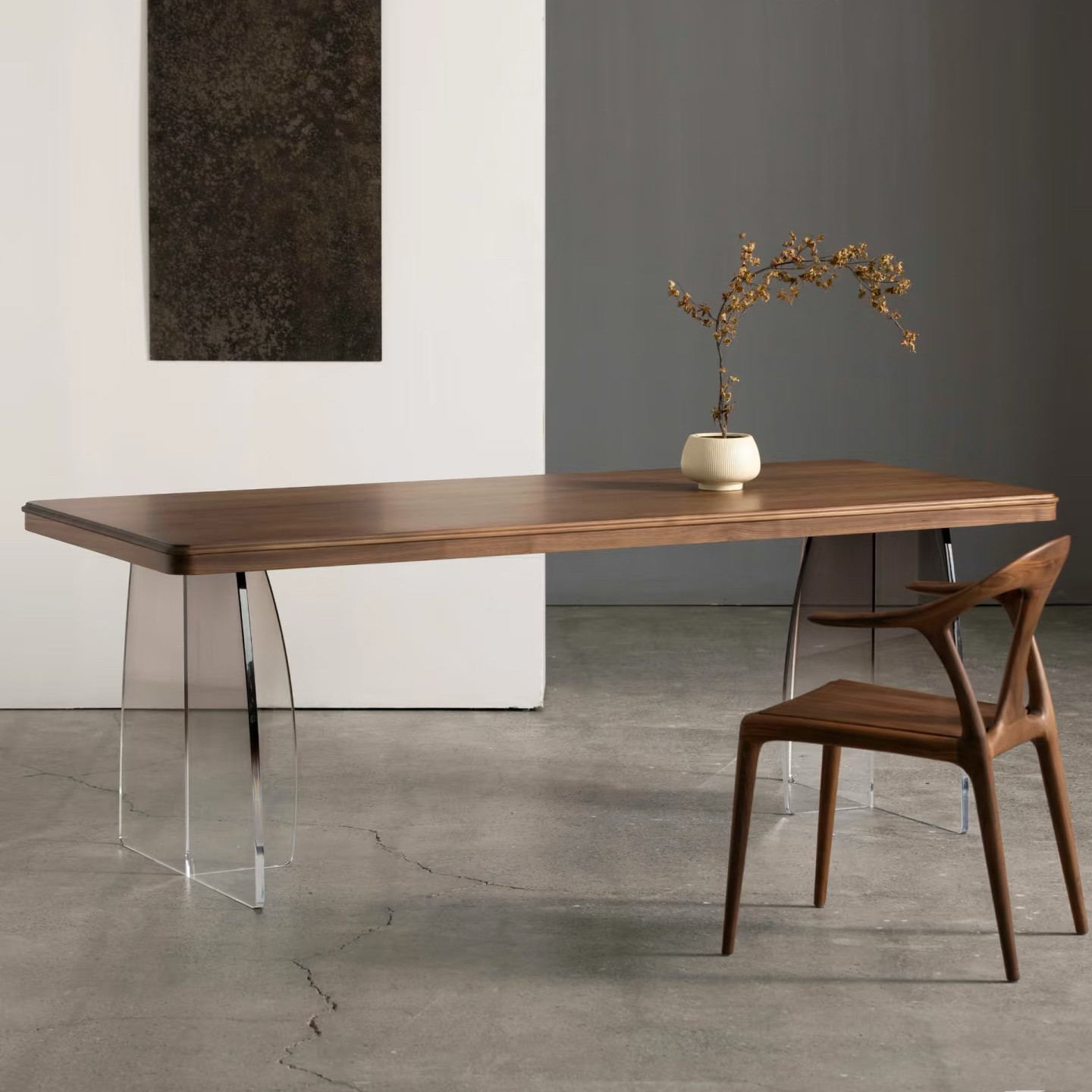 北欧复古风实木餐桌侘寂风亚克力悬浮桌泡茶桌现代简约家庭工作台