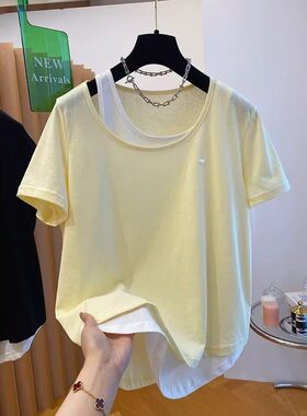 胖mm300斤大码假两件t恤女短袖