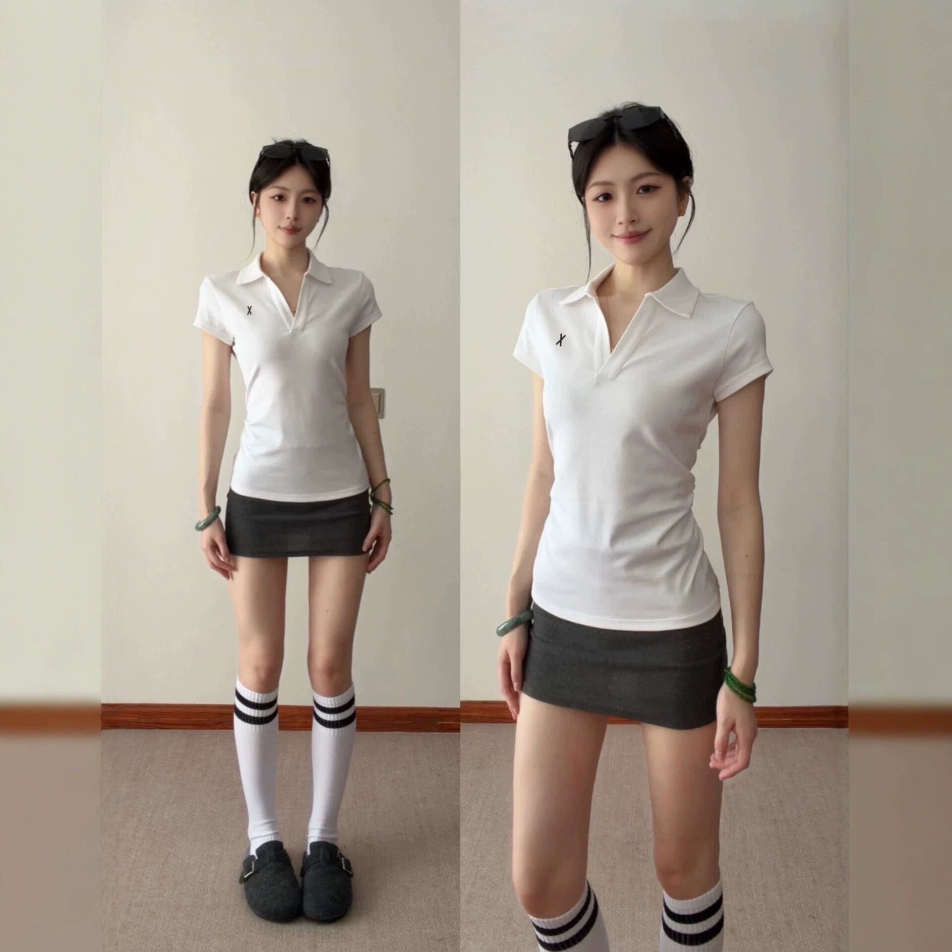 韩系V领正肩polo衫t恤女