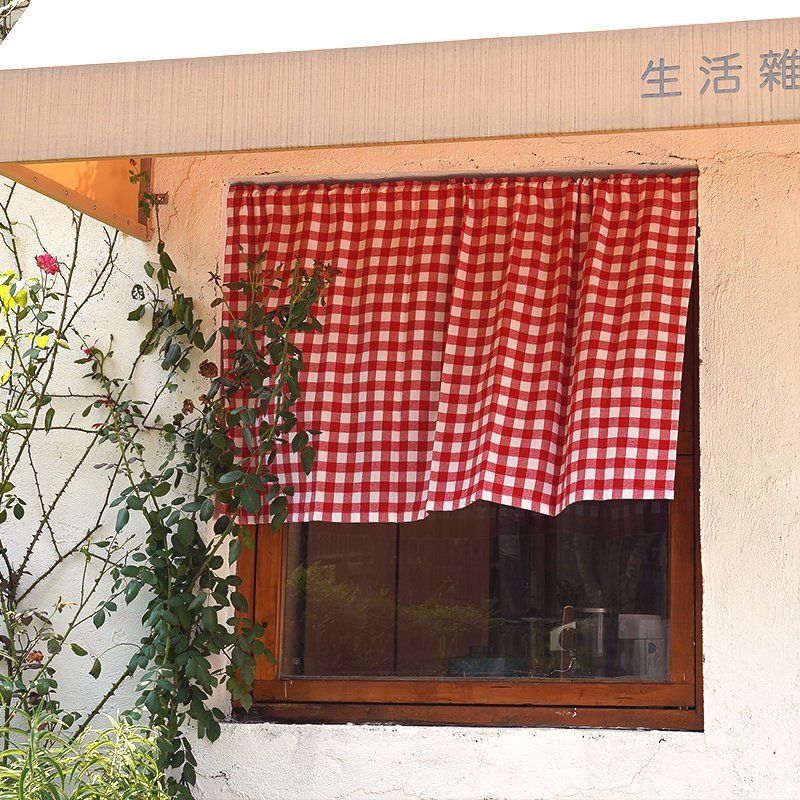 红色格子美式半帘遮挡帘日系橱柜帘厨房帘门帘隔断复古文艺格纹