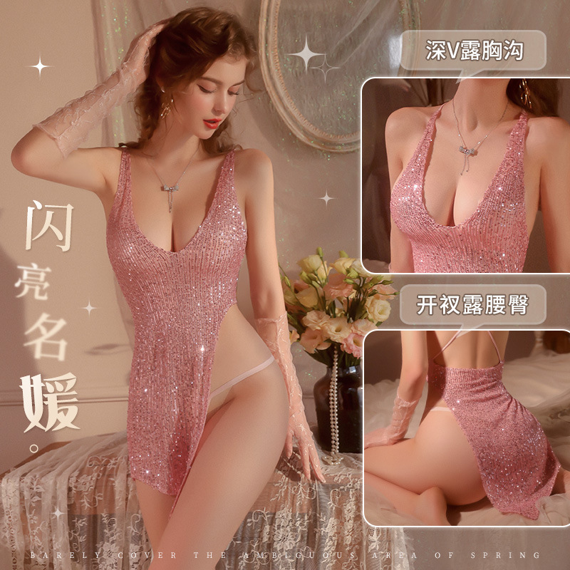 高级感内衣女气质诱惑闪光名媛露胸性感睡衣情调高开叉连衣裙套装