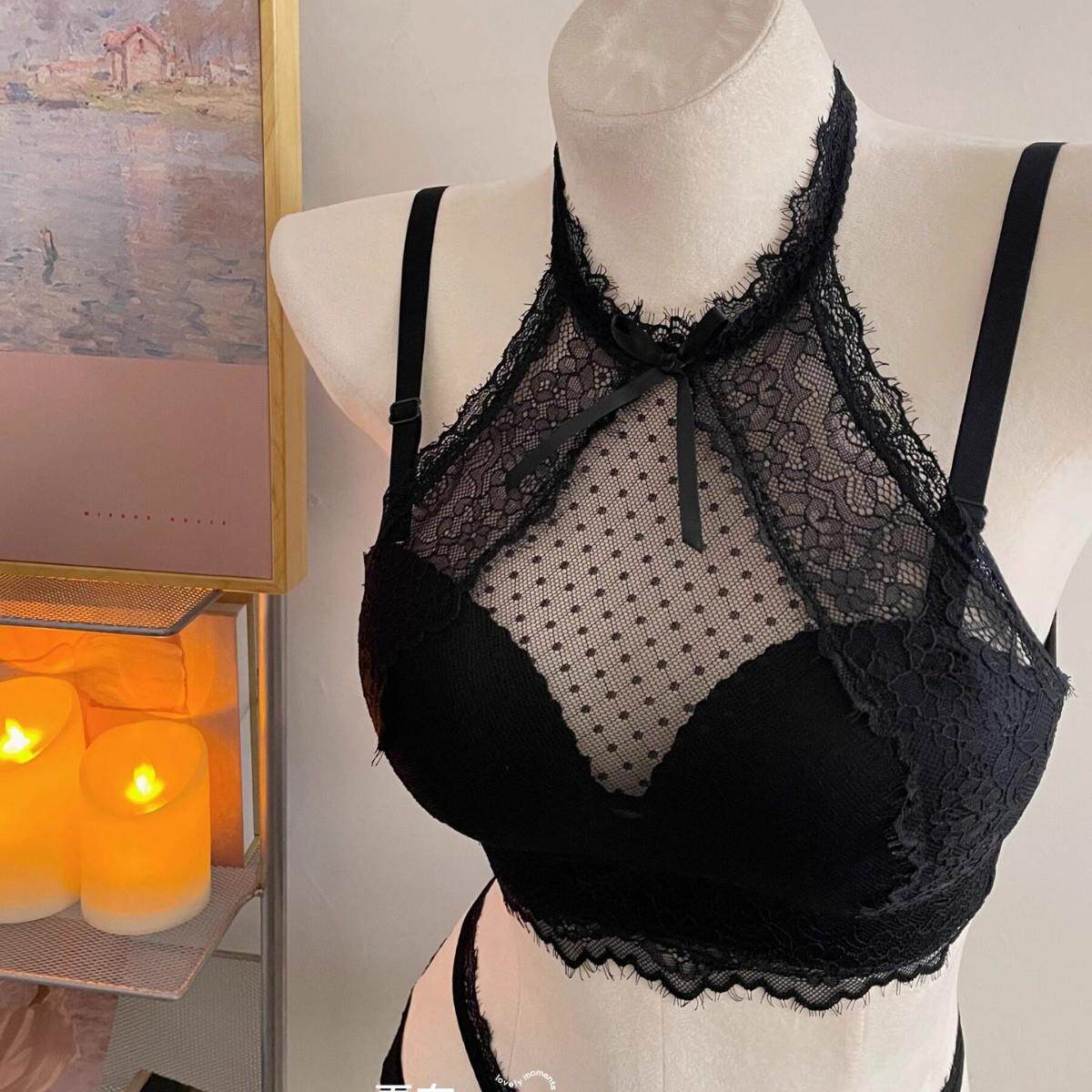撩心嗲妹 小胸聚拢内衣女显大遮副乳挂脖纯欲性感蕾丝乳胶文胸罩