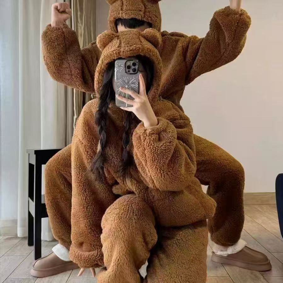 美拉德小熊连帽珊瑚绒睡