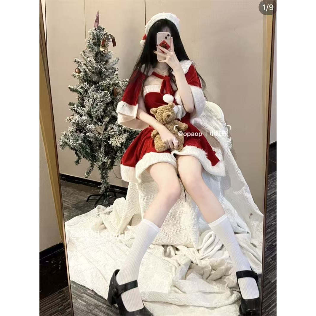 纯欲性感辣妹圣诞氛围感收腰抹胸连衣裙披肩两件套装2025秋冬新款