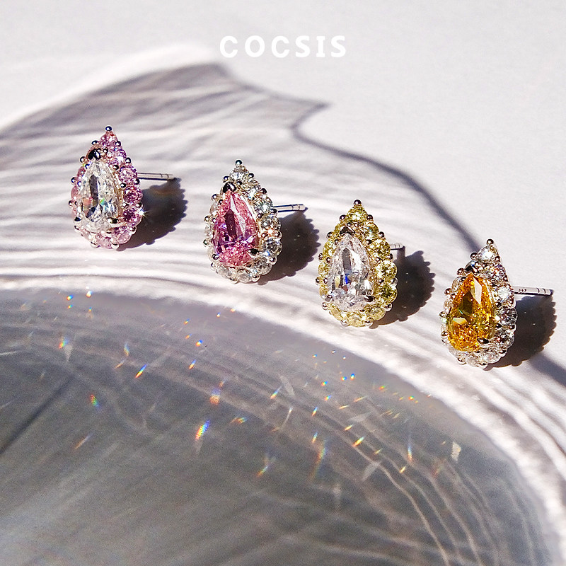 [新款]COCSIS海洋绮境夕阳坠海水滴宝石耳钉女无耳洞耳夹纯银耳环