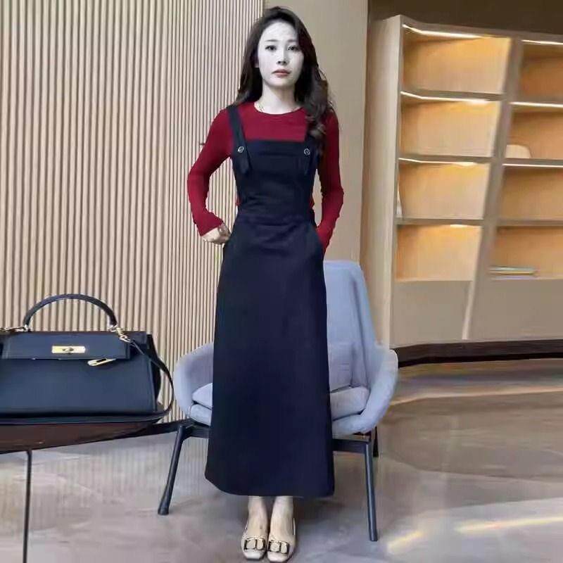 RIERA时尚吊带裙套装女2024秋季新款洋气减龄长袖T恤背带裙显瘦两