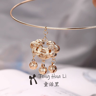 儿童古风配饰长命锁吊坠璎珞项圈平安锁珍珠项链明制汉服铃铛项饰