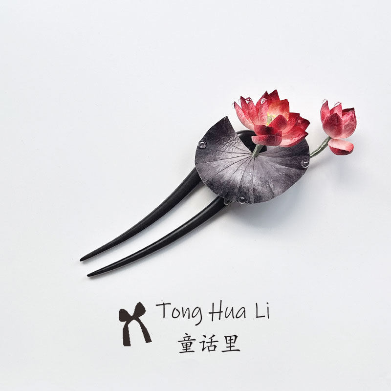 原创非遗手工蚕丝绒花红色荷花红莲新中式檀木发钗国风盘发头饰女