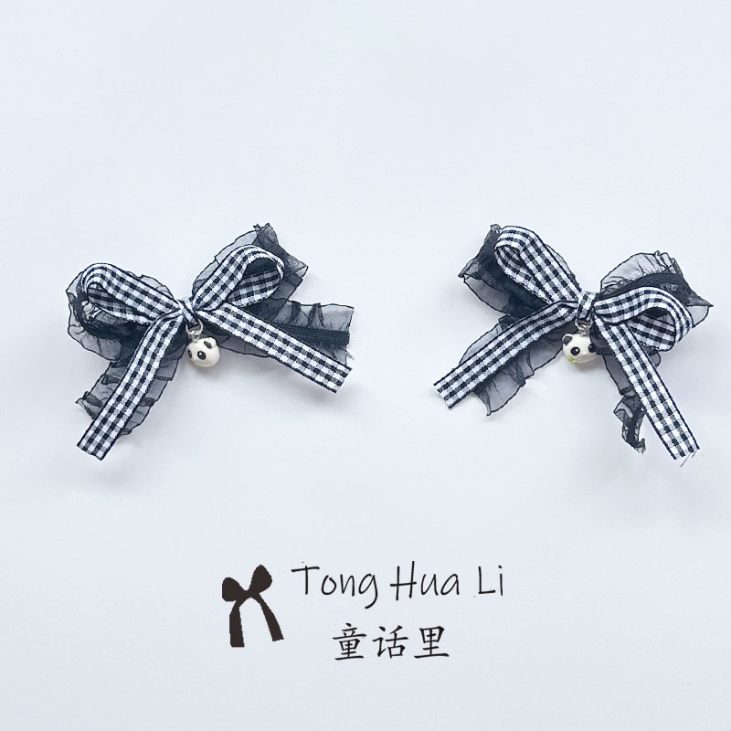 原创儿童熊猫蕾丝蝴蝶结发夹小女孩可爱甜美刘海夹女童公主发卡