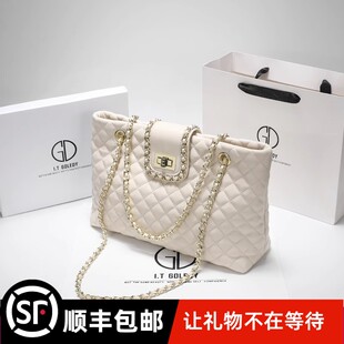 IT GDLEDY真皮大容量托特包包女2025新款轻奢百搭单肩菱格链条包