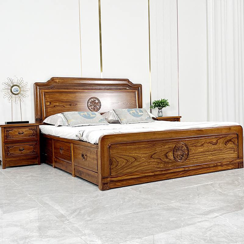 榆木仿古箱体床榫卯雕花