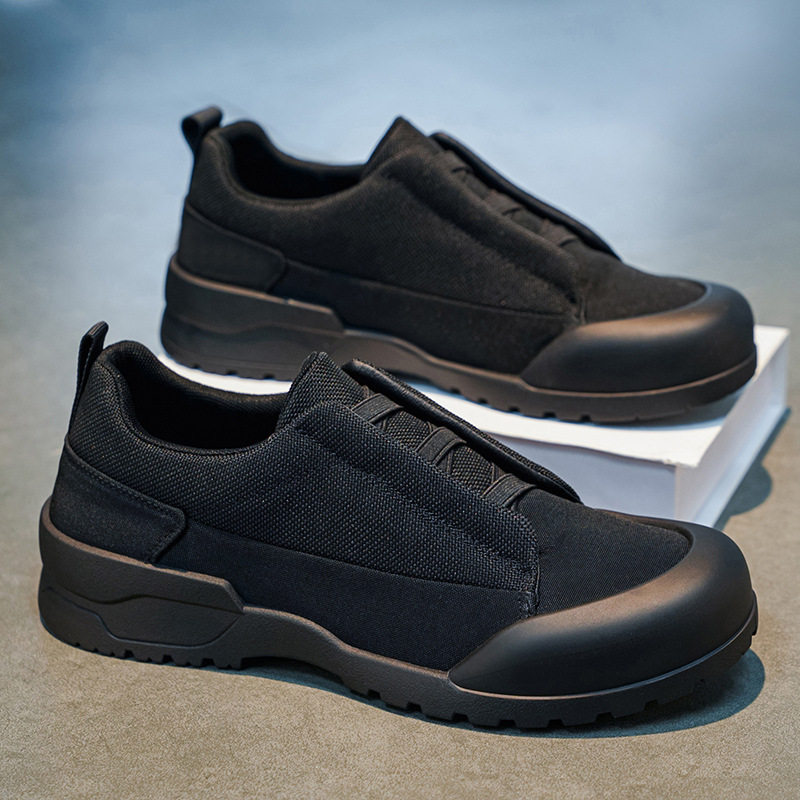 轻奢夏季户外工装鞋防滑登山徒步运动休闲男鞋一脚蹬黑色帆布板鞋