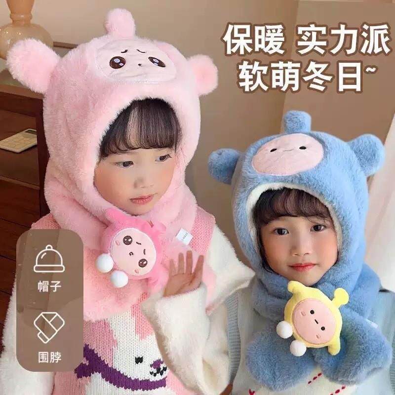 可爱男孩女童毛绒帽儿童防风保暖护耳帽宝宝连帽围巾帽子围脖厂家