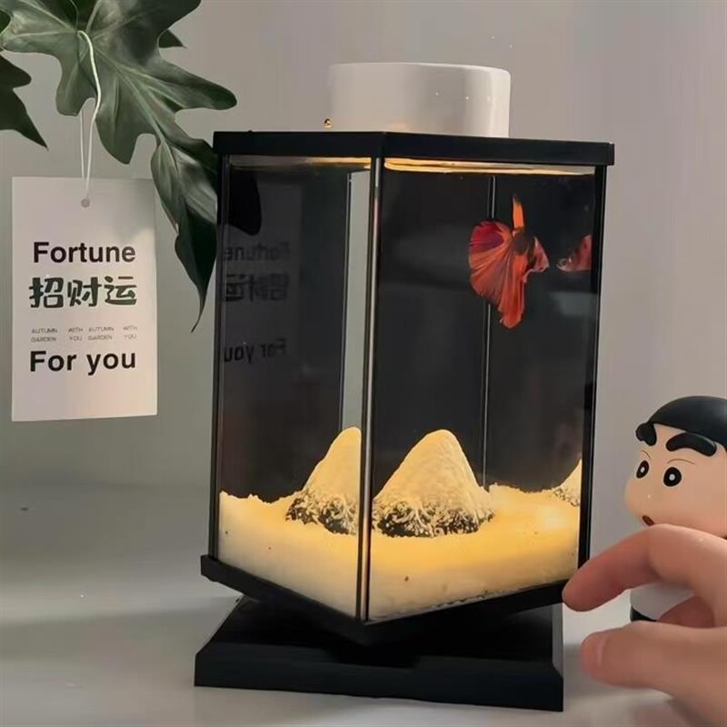 可旋转鱼缸斗鱼缸桌面造景摆件家用客厅装饰小型观赏鱼缸新年厂家