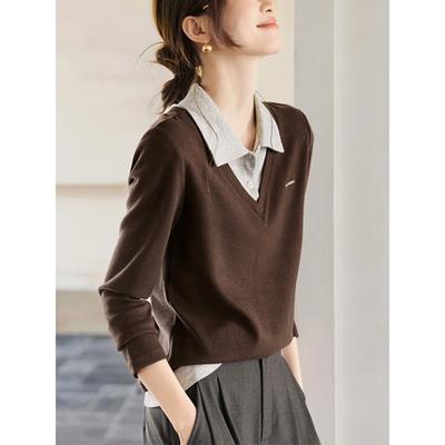 ROUMIKL覆古美拉德2025冬季衬衫百搭撞色拼接假两件T恤式长袖女衬