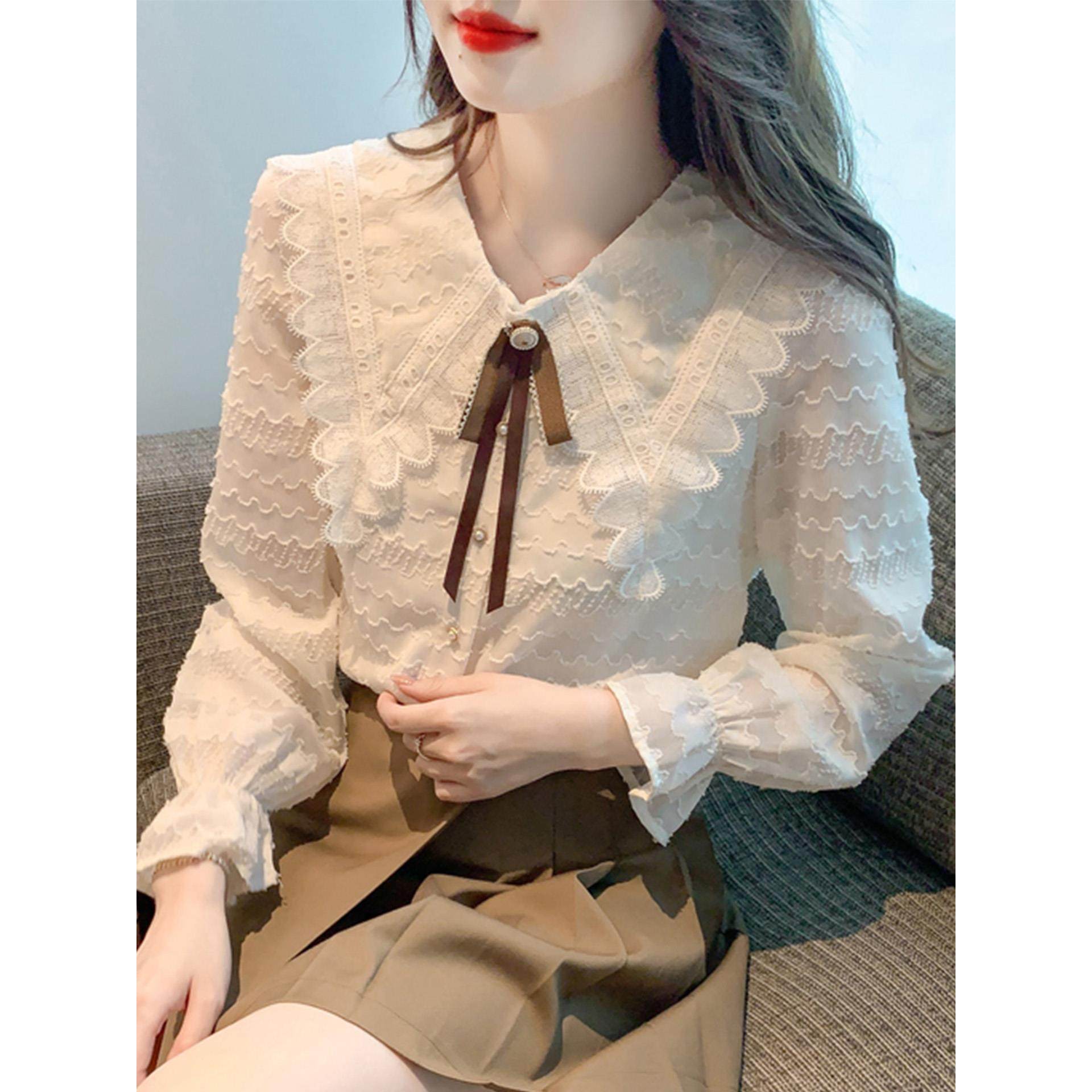 ROUMIKL蝴蝶结加绒蕾丝打底衫女秋冬2025新款娃娃领减龄长袖衬衫