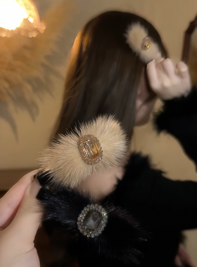 韩国轻奢复古宫廷风毛毛发夹精致高端闪钻法式秋冬刘海夹碎发夹