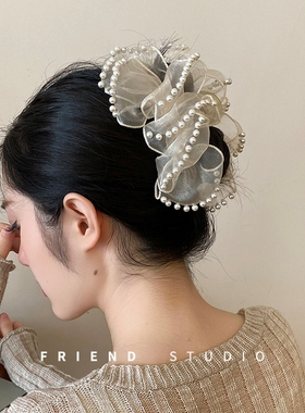 珍珠蝴蝶结头饰抓夹女2023新款高级感大号秋冬后脑勺盘发鲨鱼夹