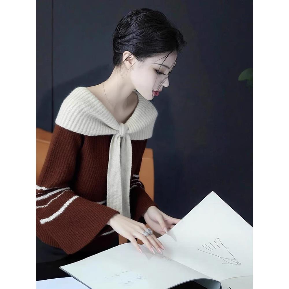 JOYIASS慵懒风咖啡色围巾领条纹针织衫长袖女早秋季新奶fufu软糯