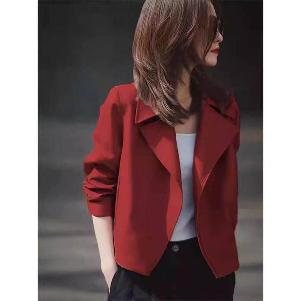 JOYIASS休闲风红色翻领夹克短款外套女2025新款秋季又酷又飒气质