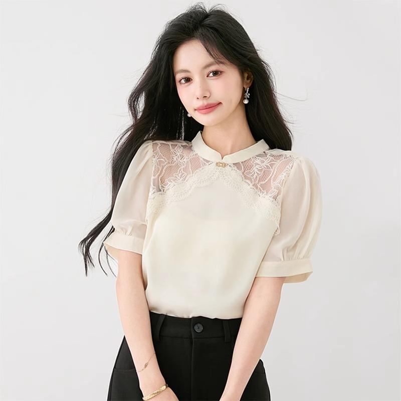 BLLOUKE新中式蕾丝镂空短袖雪纺衫女装夏季2025新款盘扣别致减龄