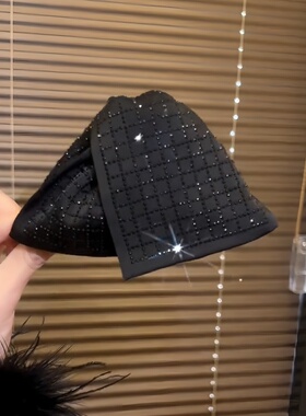 赫本风抓夹黑色高端气质后脑盘发鲨鱼夹高级感马尾夹满钻格纹发卡