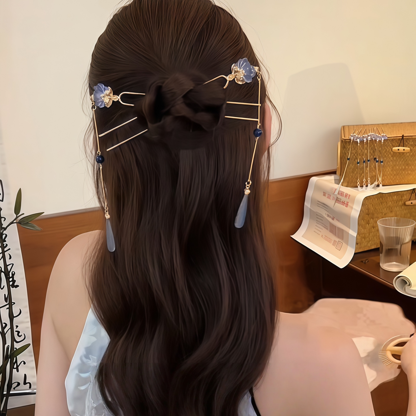 蓝色古风莲花流苏U型发簪女夏新中式步摇发钗汉服盘头发簪子头饰
