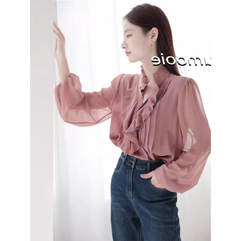 JOYIASS气质女装2025年新款秋季时尚法式高级感复古压褶荷叶边雪