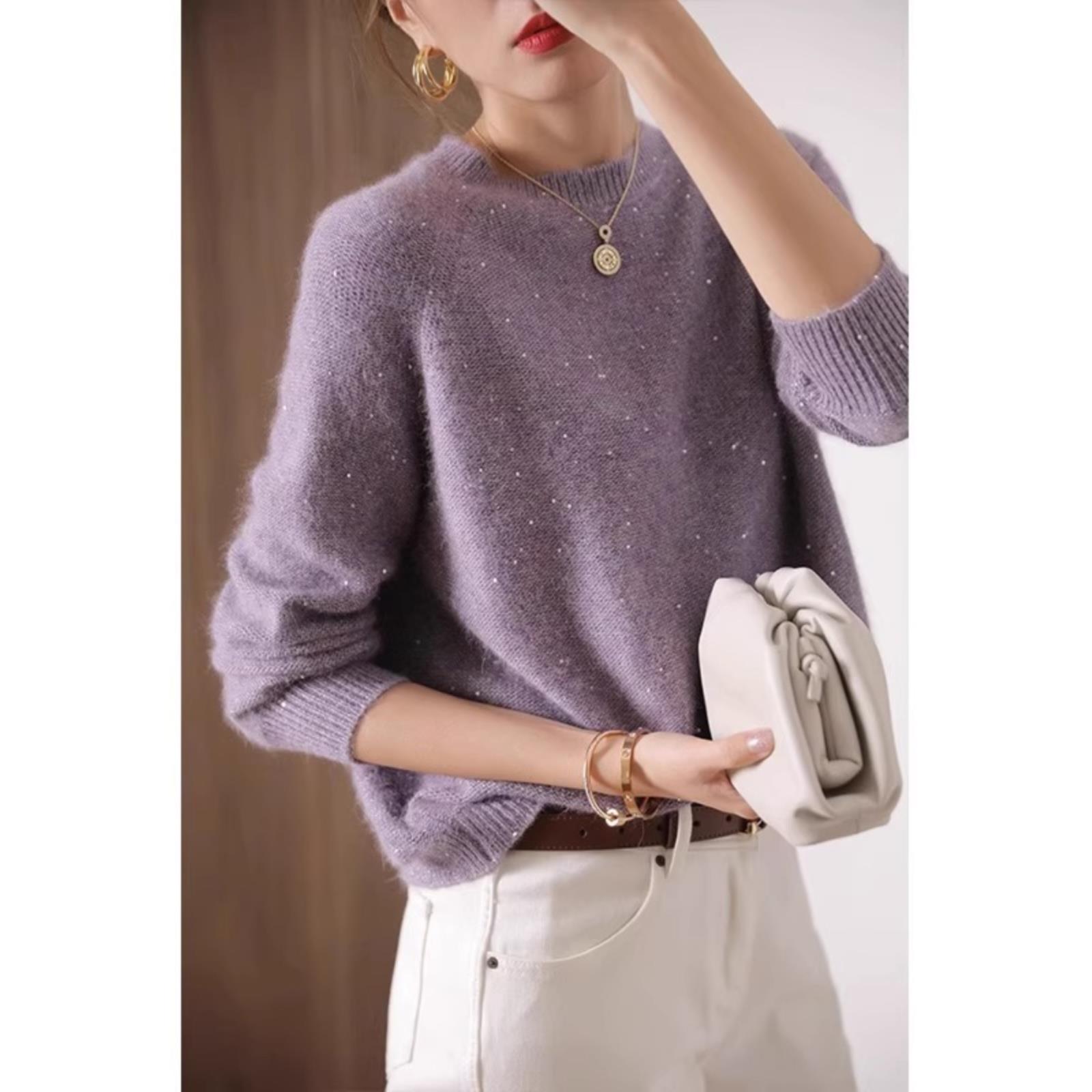 JOYIASS2025年高档女装时尚新款秋季高级感设计小众圆领薰衣草紫