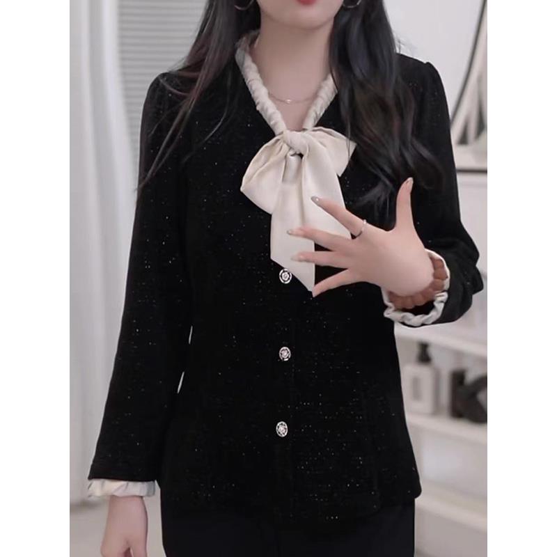 JOYIASS大码女装时尚蝴蝶结雪尔绒衬衣秋季新款胖妹妹温柔显瘦长