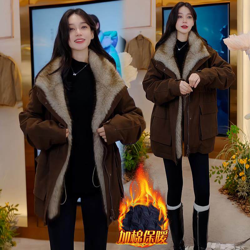 JOYIASS中长款派克服女款2025新款秋冬季加绒衣加厚保暖袄开衫外