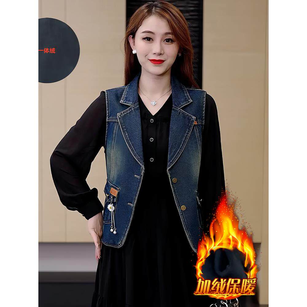 JOYIASS高含设计感加绒加厚西装领牛仔马甲女士2025年秋冬新款百